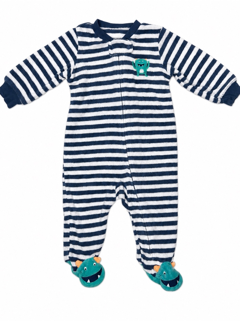 Carter's Navy & White Striped Plush Footed One-Piece with Teal Monster Accents